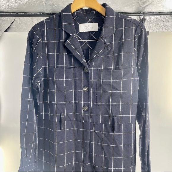 PEARL Lela Rose Navy Blue Checkered Plaid Long Sleeve Collared Minimal Jumpsuit - Picture 4 of 13